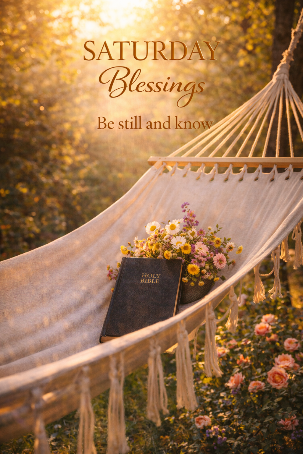 Hammock in golden trees with Holy Bible resting on it and wildflowers around, warm afternoon sunlight filtering through leaves, text "Saturday Blessings -- Be still and know" -- vertical Saturday blessing wallpaper